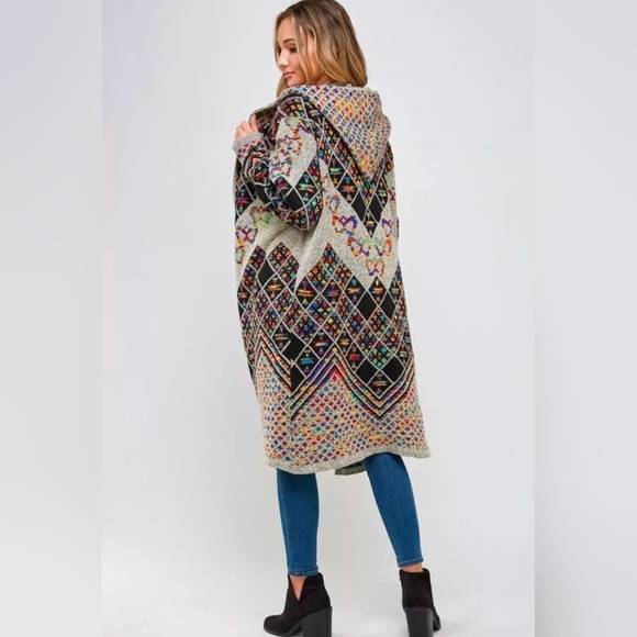 On Blue Aztec Long Hooded Cardigan Sweater Size Small Multicolor Rainbow - Picture 2 of 13